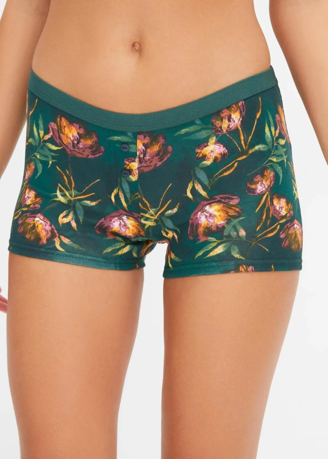 bonprix Wäsche·Baumwollunterwäsche|Nachhaltigere Materialien^Damen Boxer mit Bio-Baumwolle (4er Pack) mattgruen geblümt + waldbeere
