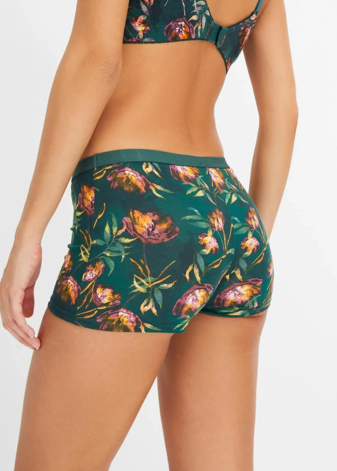 bonprix Wäsche·Baumwollunterwäsche|Nachhaltigere Materialien^Damen Boxer mit Bio-Baumwolle (4er Pack) mattgruen geblümt + waldbeere