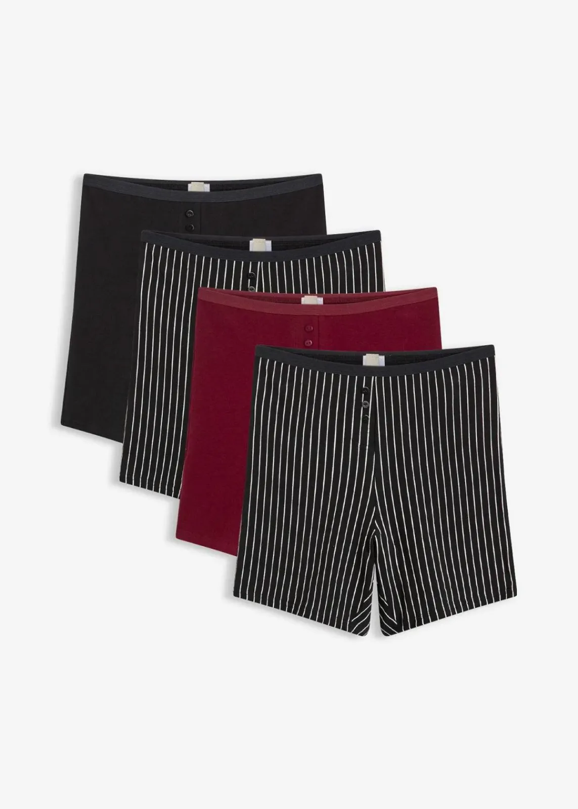 bonprix Wäsche·Baumwollunterwäsche|Baumwollunterwäsche^Damen Taillen Boxer mit längerem Bein (4er Pack) schwarz/wollweiß-gestreift+ahornrot