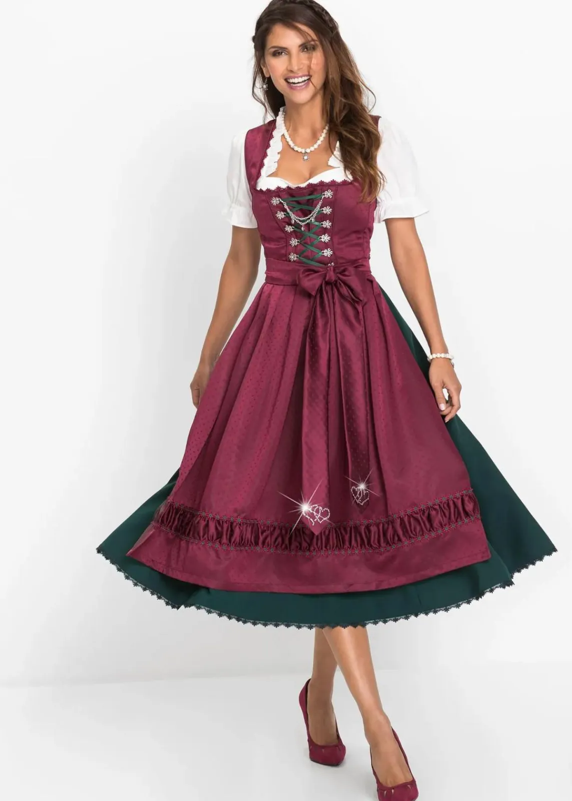 bonprix Kurzgrößen|Bekleidung·Pullover & Strickjacken^Dirndl mit bestickter Satin-Schürze (2-tlg.Set) magenta/tiefgrün/schwarz/mattviolett/wollweiß bedruckt
