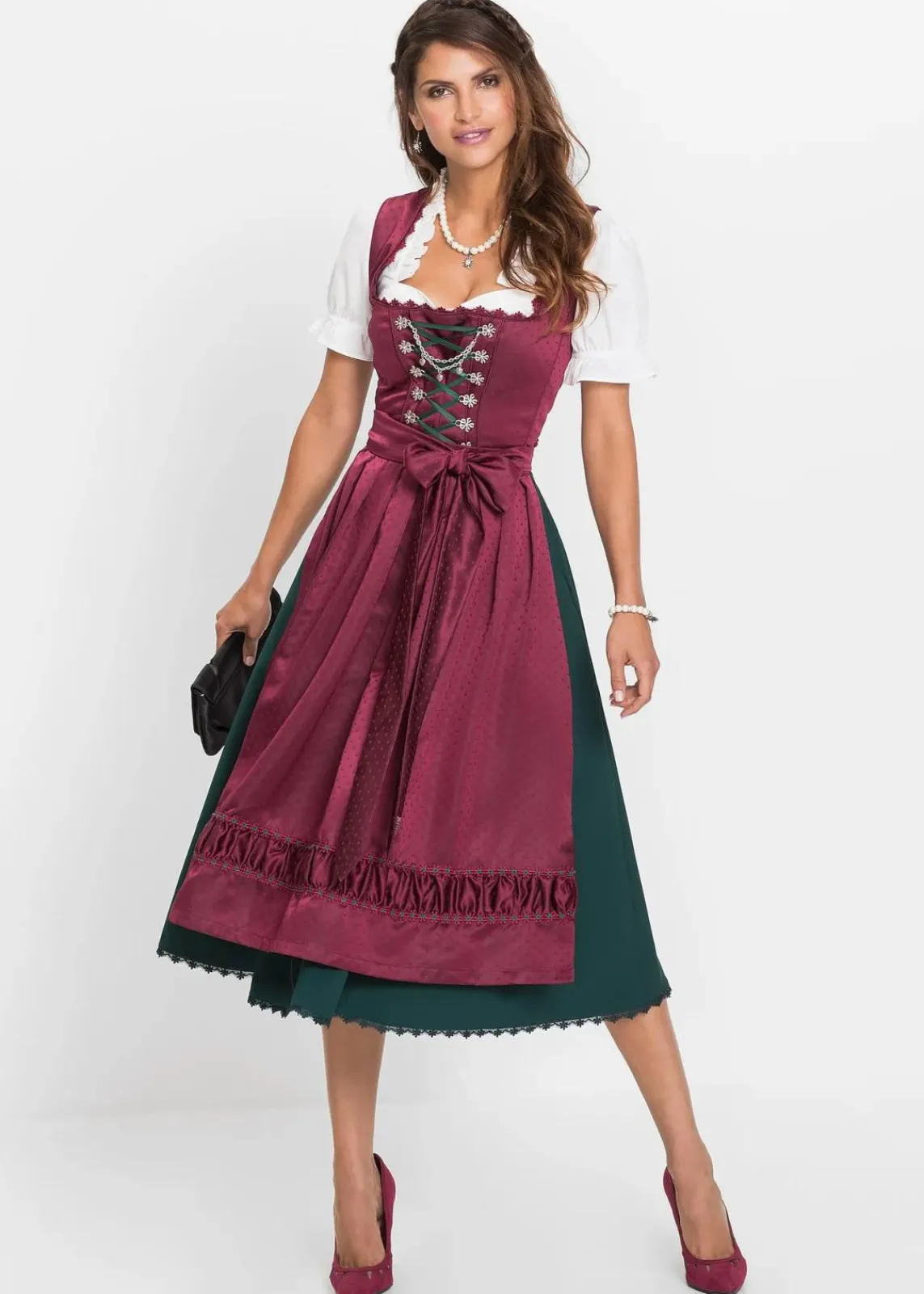 bonprix Kurzgrößen|Bekleidung·Pullover & Strickjacken^Dirndl mit bestickter Satin-Schürze (2-tlg.Set) magenta/tiefgrün/schwarz/mattviolett/wollweiß bedruckt