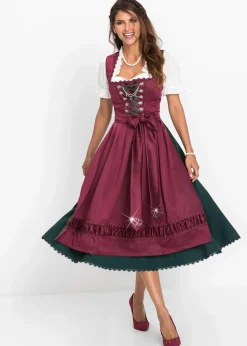 bonprix Kleider|Kurzgrößen^Dirndl mit bestickter Satin-Schürze (2-tlg.Set) magenta/tiefgrün/schwarz/mattviolett/wollweiß bedruckt