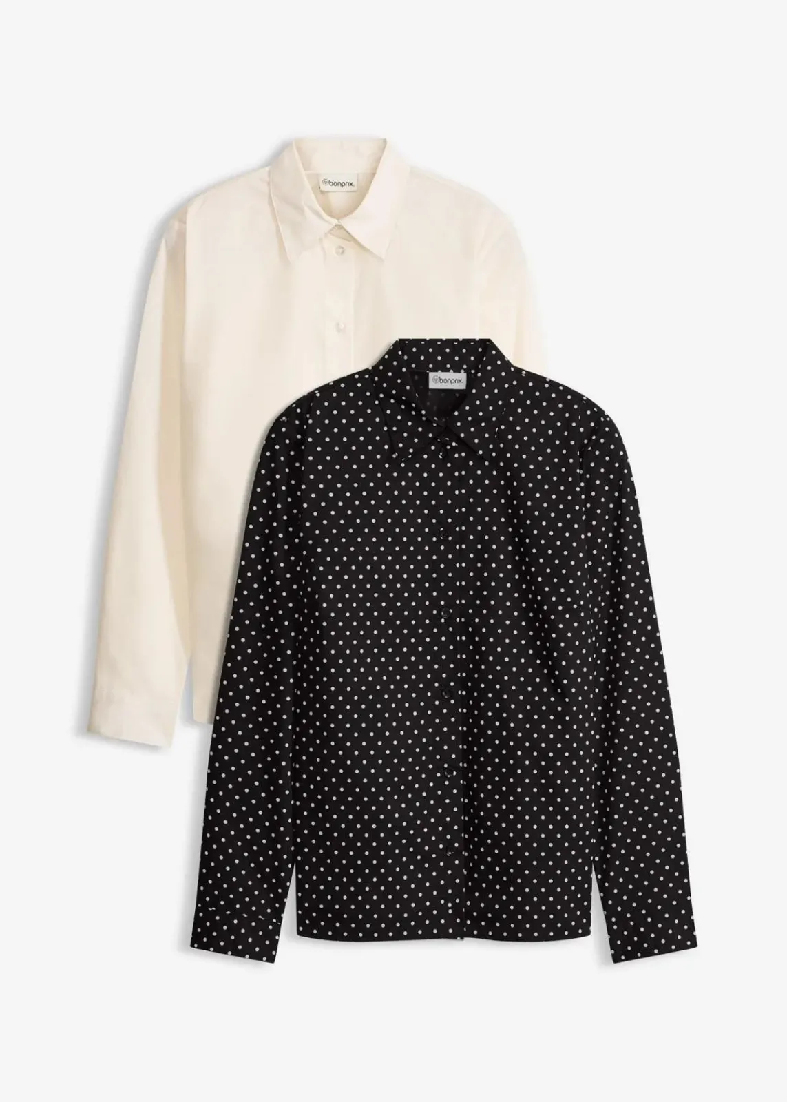bonprix Bekleidung·Jacken & Mäntel|Blusen & Tuniken^2er Pack Hemdblusen mit Baumwolle weiß uni und schwarz/weiß gepunktet