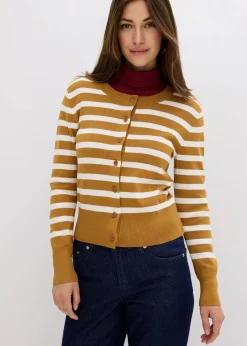 bonprix Bekleidung·Umstandsmode|Pullover & Strickjacken^Feinstrick-Cardigan mit Streifen haselnuss/wollweiß gestreift