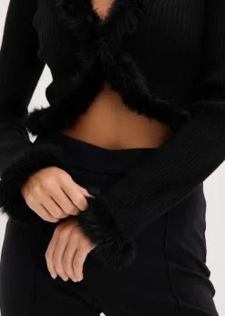 bonprix Bekleidung·Umstandsmode|Bekleidung·Jeans^Feinstrickjacke mit Fellimitat schwarz
