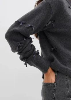 bonprix Nachhaltigere Materialien|Pullover & Strickjacken^Feinstrickjacke mit Schleifen anthrazit meliert