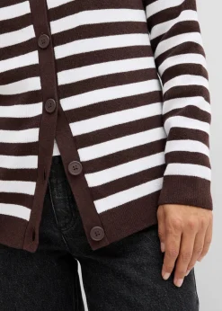 bonprix Bekleidung·Umstandsmode|Pullover & Strickjacken^Feinstrickjacke, Rundhals dunkelbraun/weiß gestreift