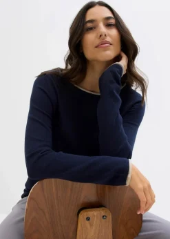 bonprix Pullover & Strickjacken|Strickmode^Feinstrickpullover aus Baumwollmix dunkelblau/steingrau