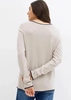bonprix Pullover & Strickjacken|Strickmode^Feinstrickpullover aus Baumwollmix steingrau/dunkelblau