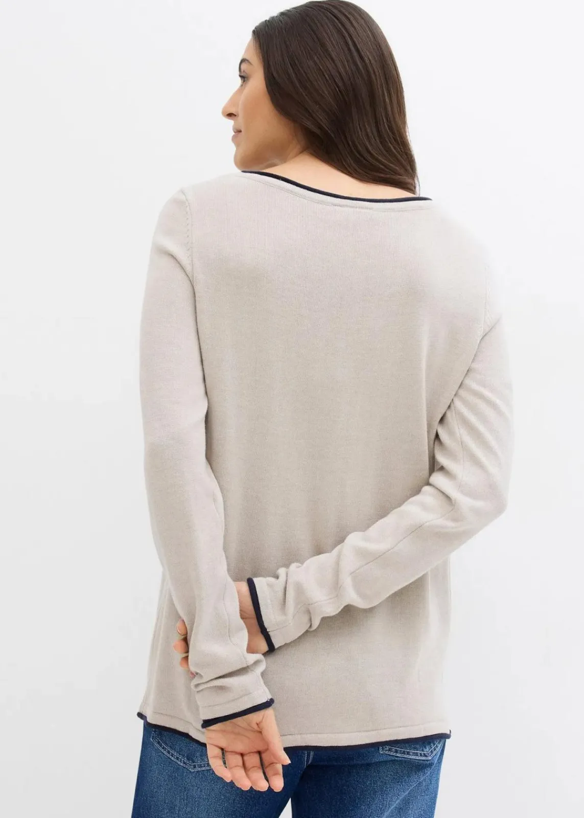 bonprix Pullover & Strickjacken|Strickmode^Feinstrickpullover aus Baumwollmix steingrau/dunkelblau