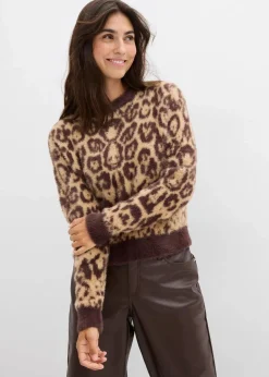 bonprix Bekleidung·Umstandsmode|Strickmode^Feinstrickpullover aus flauschigem Federgarn latte macchiato leo bedruckt