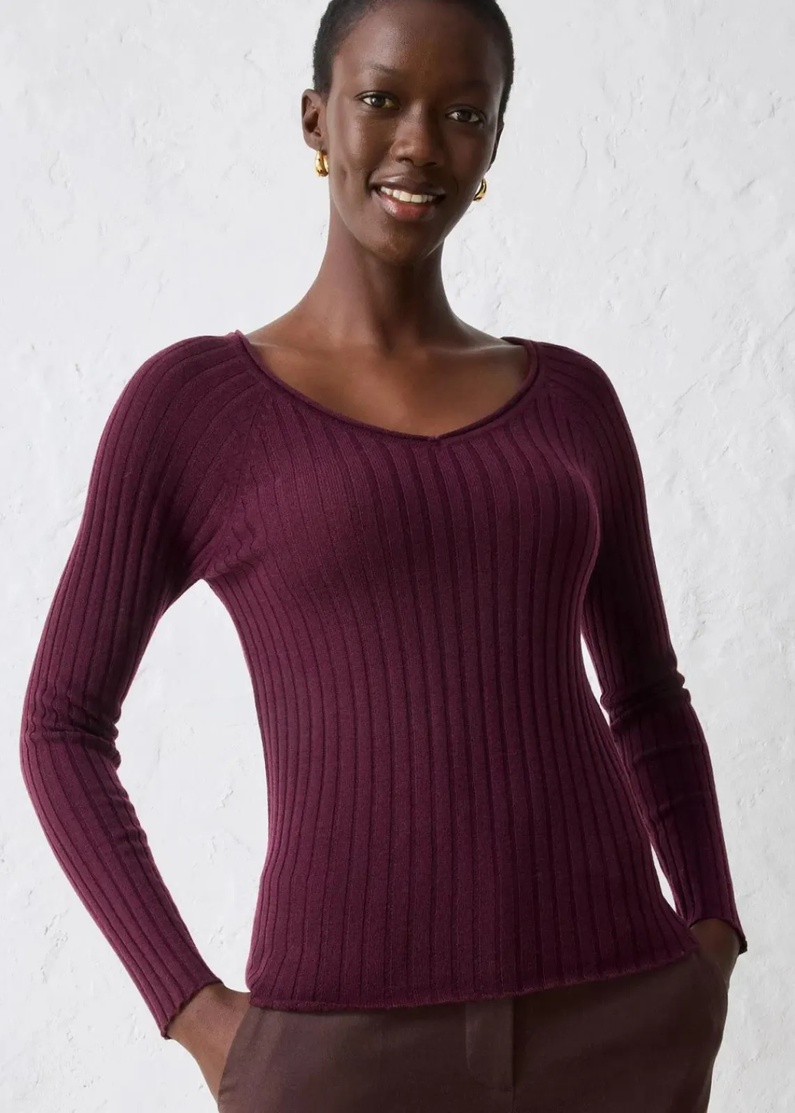 bonprix Pullover & Strickjacken|Strickmode^Feinstrickpullover aus Merinowolle weinrot