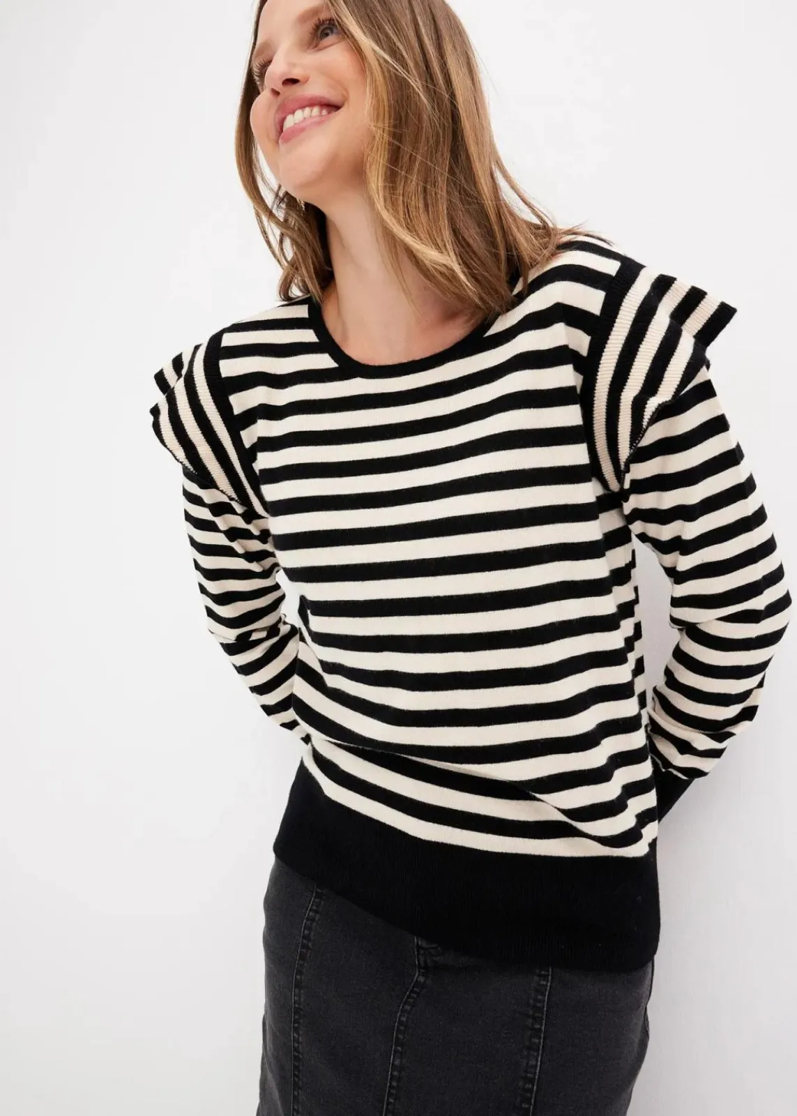 bonprix Bekleidung·Umstandsmode|Bekleidung·Jeans^Feinstrickpullover aus softem Viskose-Mix kieselbeige/schwarz quer gestreift