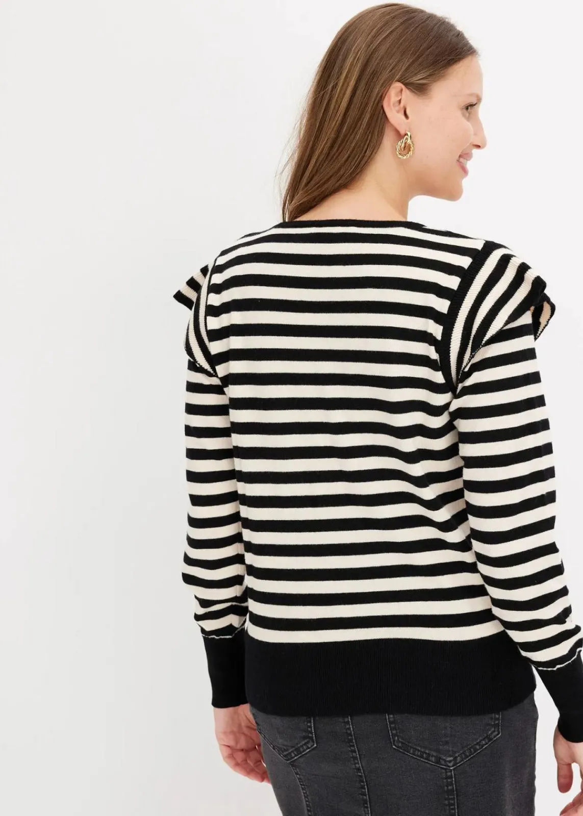 bonprix Bekleidung·Umstandsmode|Bekleidung·Jeans^Feinstrickpullover aus softem Viskose-Mix kieselbeige/schwarz quer gestreift