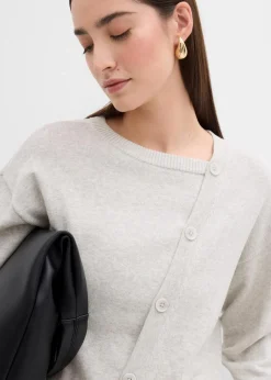 bonprix Strickmode|Pullover & Strickjacken^Feinstrickpullover mit asymmetrischer Knopfleiste kieselbeige meliert