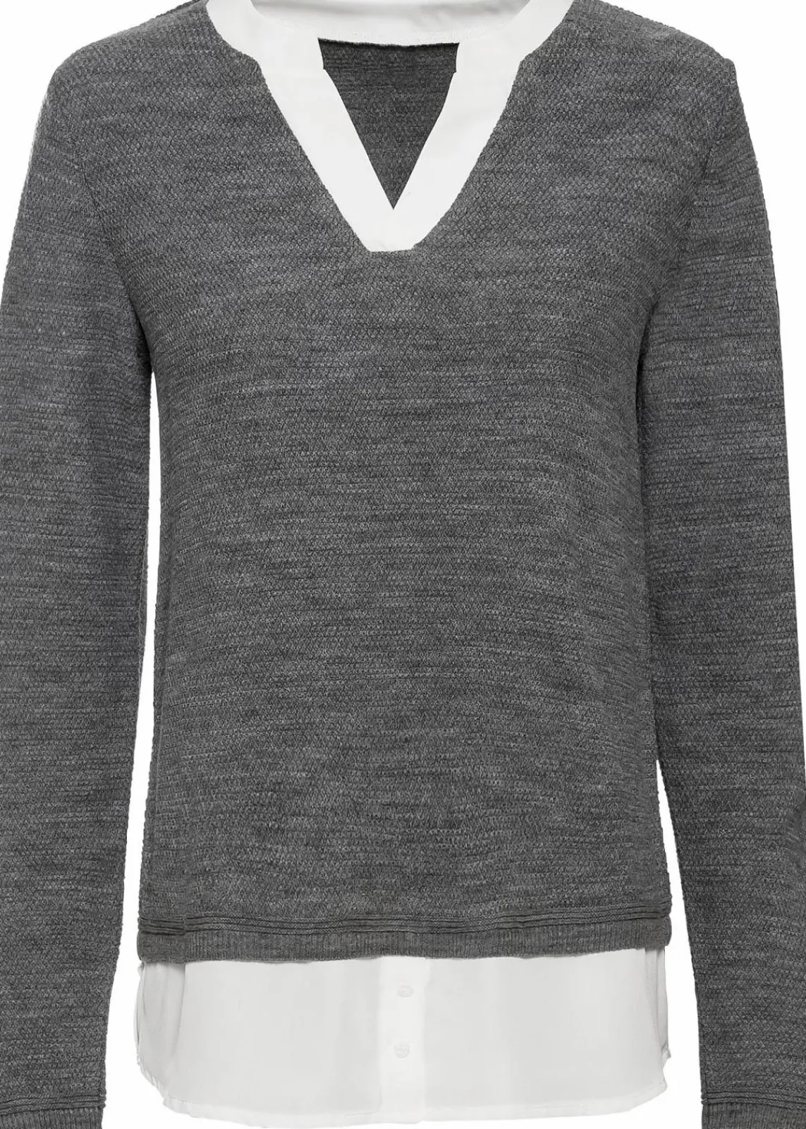 bonprix Pullover & Strickjacken|Bekleidung·Jeans^Feinstrickpullover mit Bluseneinsatz grau meliert