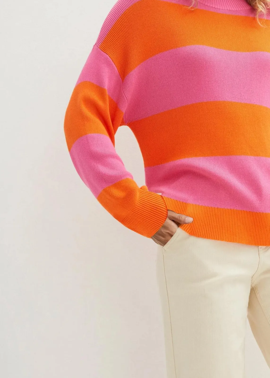 bonprix Bekleidung·Umstandsmode|Strickmode^Feinstrickpullover mit Blockstreifen pink/orange gestreift