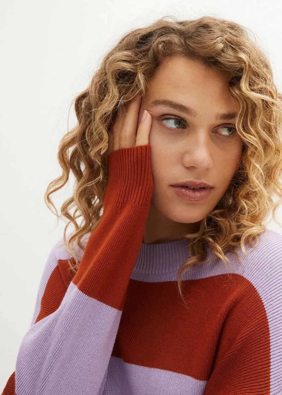 bonprix Bekleidung·Umstandsmode|Strickmode^Feinstrickpullover mit Blockstreifen flieder/rostbraun gestreift