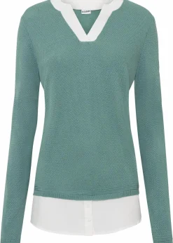 bonprix Pullover & Strickjacken|Bekleidung·Jeans^Feinstrickpullover mit Bluseneinsatz rauchsalbei