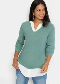 bonprix Pullover & Strickjacken|Bekleidung·Jeans^Feinstrickpullover mit Bluseneinsatz rauchsalbei