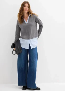 bonprix Strickmode|Nachhaltigere Materialien^Feinstrickpullover mit Bluseneinsatz grau meliert