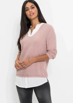 bonprix Pullover & Strickjacken|Bekleidung·Jeans^Feinstrickpullover mit Bluseneinsatz rosa