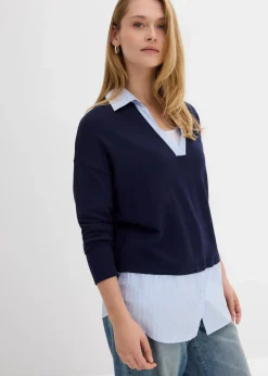 bonprix Bekleidung·Umstandsmode|Bekleidung·Jeans^Feinstrickpullover mit Bluseneinsatz dunkelblau