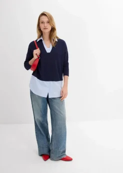 bonprix Bekleidung·Umstandsmode|Bekleidung·Jeans^Feinstrickpullover mit Bluseneinsatz dunkelblau