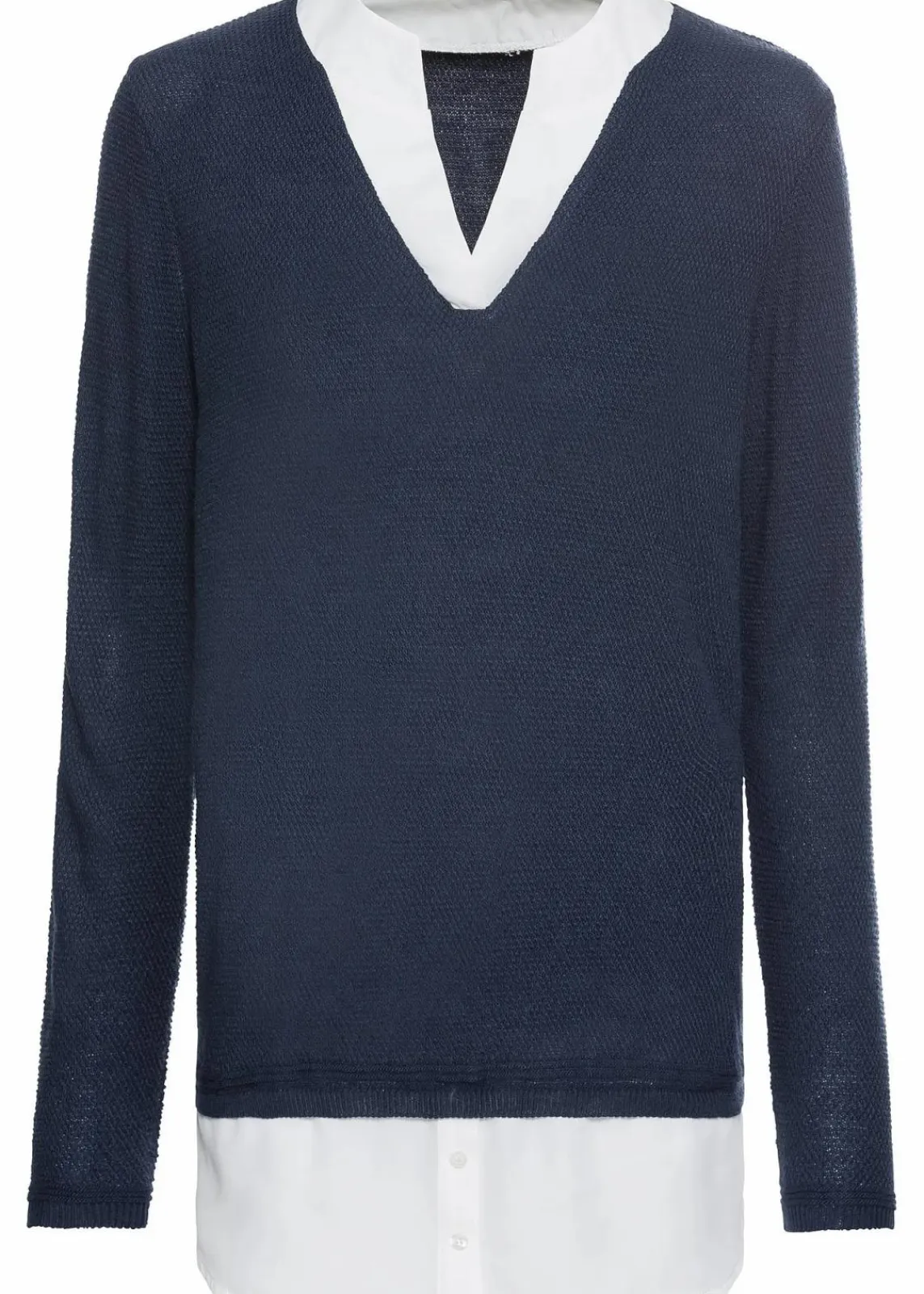 bonprix Pullover & Strickjacken|Bekleidung·Jeans^Feinstrickpullover mit Bluseneinsatz dunkelblau