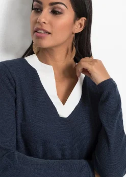 bonprix Pullover & Strickjacken|Bekleidung·Jeans^Feinstrickpullover mit Bluseneinsatz dunkelblau