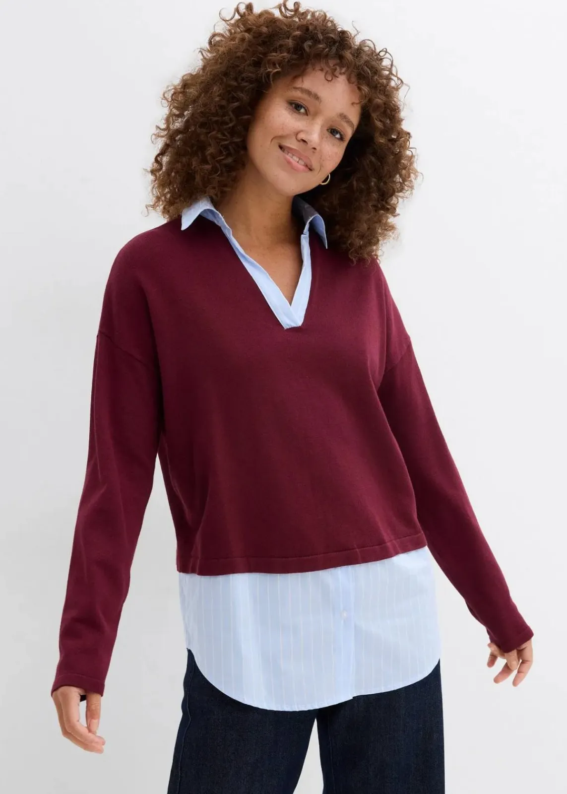 bonprix Bekleidung·Umstandsmode|Bekleidung·Jeans^Feinstrickpullover mit Bluseneinsatz ahornrot