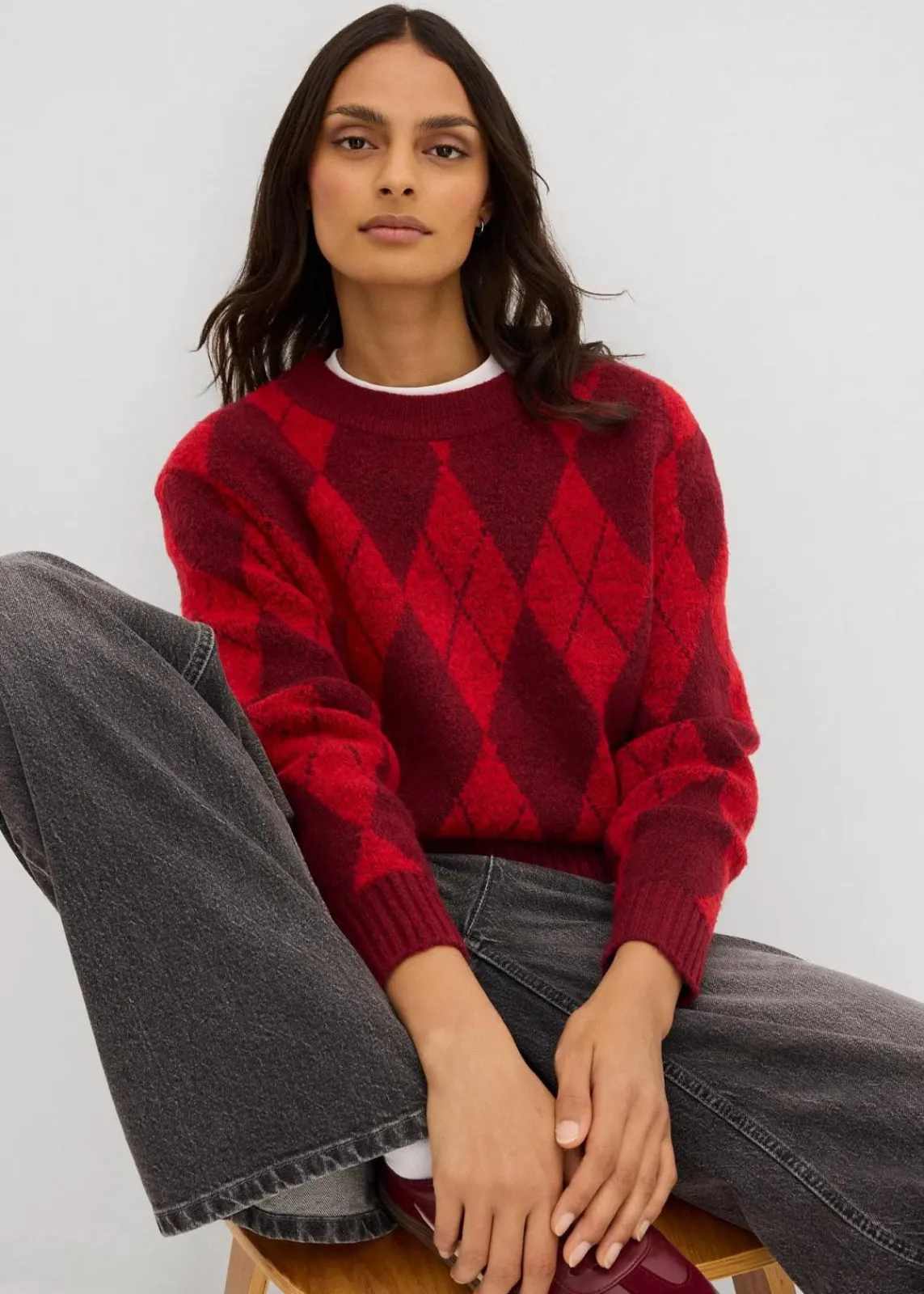 bonprix Bekleidung·Umstandsmode|Bekleidung·Jeans^Feinstrickpullover mit Karomuster lavarot kariert