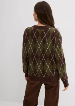 bonprix Bekleidung·Umstandsmode|Bekleidung·Jeans^Feinstrickpullover mit Karomuster dunkeloliv/dunkelbraun/wollweiß kariert