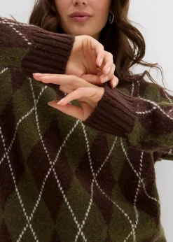 bonprix Bekleidung·Umstandsmode|Bekleidung·Jeans^Feinstrickpullover mit Karomuster dunkeloliv/dunkelbraun/wollweiß kariert