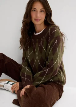 bonprix Bekleidung·Umstandsmode|Bekleidung·Jeans^Feinstrickpullover mit Karomuster dunkeloliv/dunkelbraun/wollweiß kariert