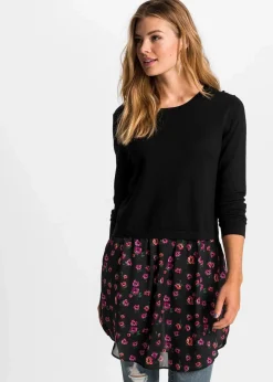 bonprix Pullover & Strickjacken|Strickmode^Feinstrickpullover mit Rockansatz schwarz/lila