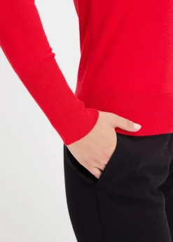 bonprix Bekleidung·Umstandsmode|Bekleidung·Jeans^Feinstrickpullover mit Schleifendetail tiefrot/schwarz