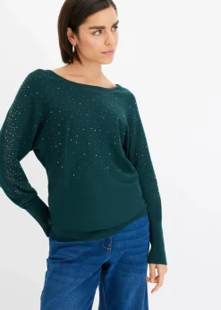 bonprix Bekleidung·Umstandsmode|Strickmode^Feinstrickpullover mit Strass-Applikation tiefgrün