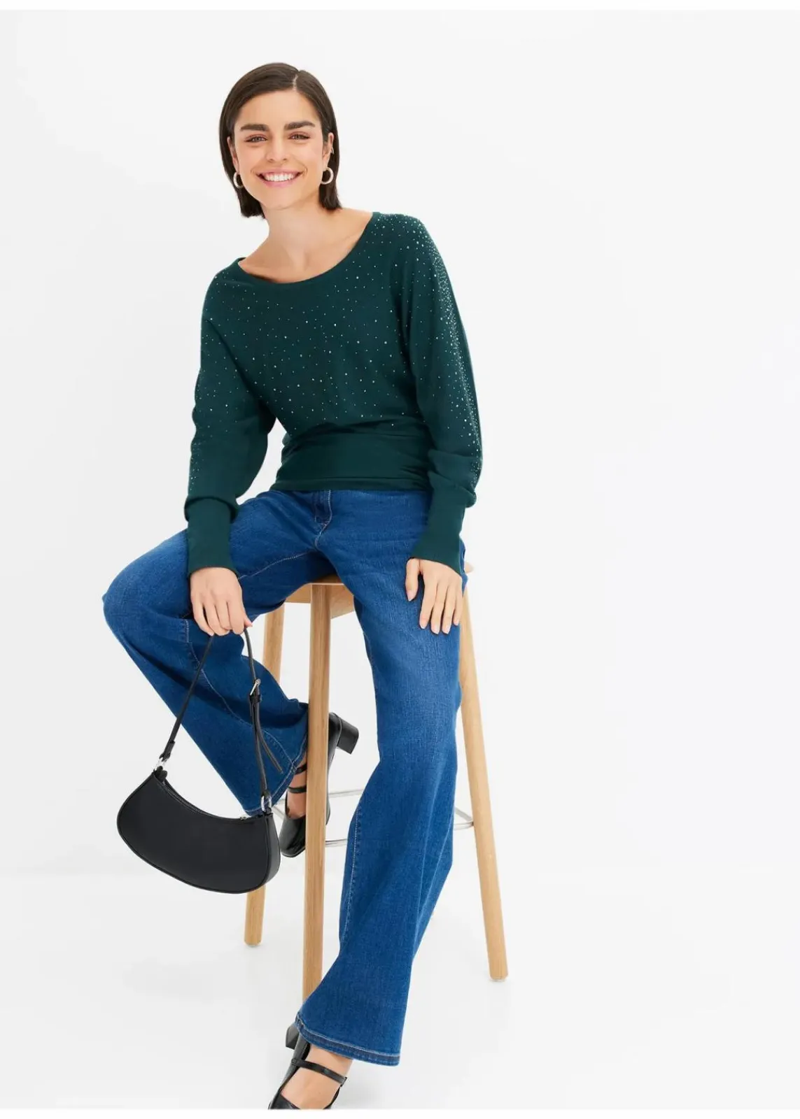 bonprix Bekleidung·Umstandsmode|Strickmode^Feinstrickpullover mit Strass-Applikation tiefgrün