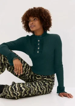 bonprix Shirts & Tops|Nachhaltigere Materialien^Feinstrick-Shirt mit Chiffon-Volants tiefgrün