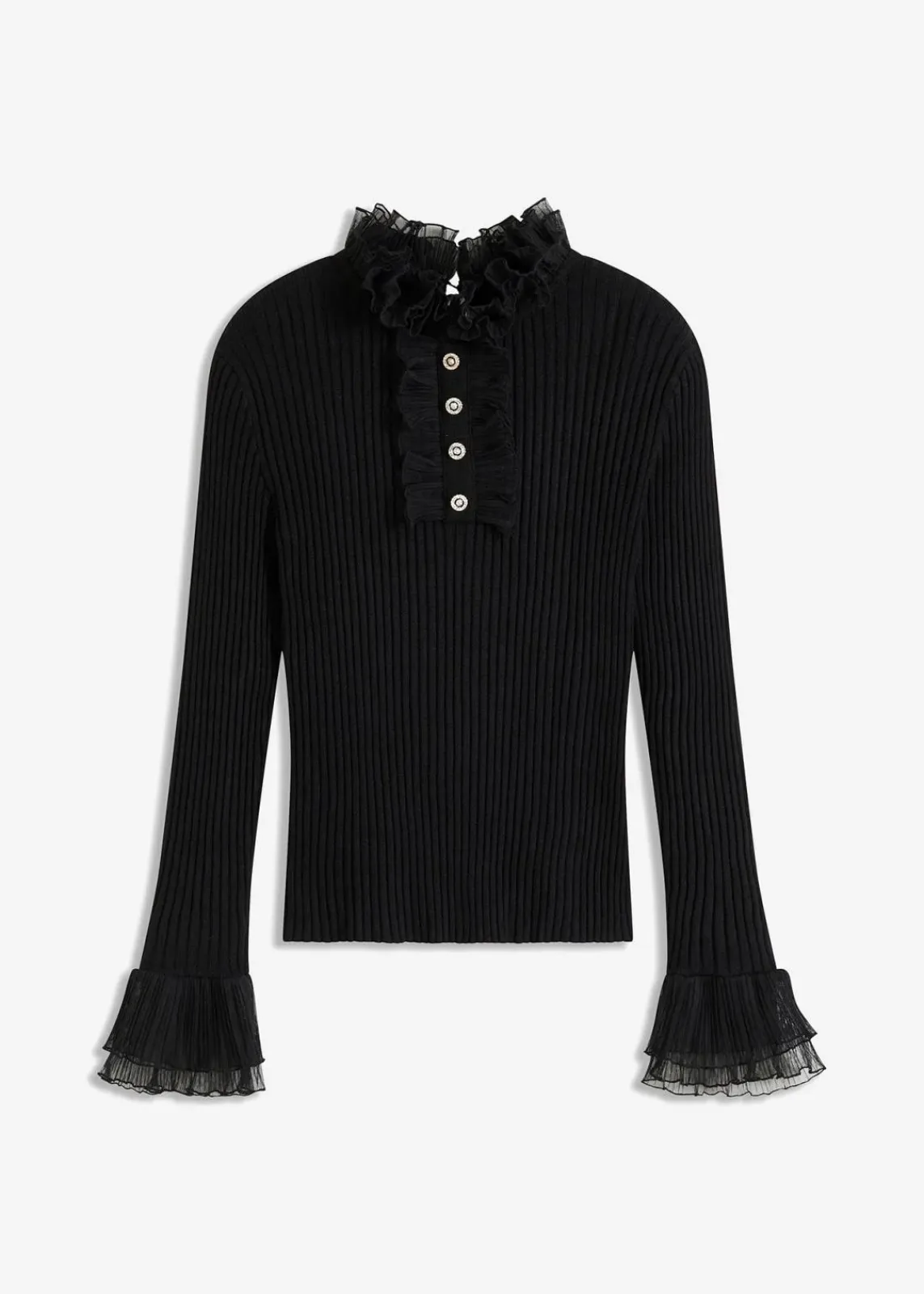 bonprix Nachhaltigere Materialien|Shirts & Tops^Feinstrick-Shirt mit Chiffon-Volants schwarz