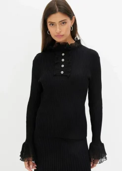 bonprix Nachhaltigere Materialien|Shirts & Tops^Feinstrick-Shirt mit Chiffon-Volants schwarz