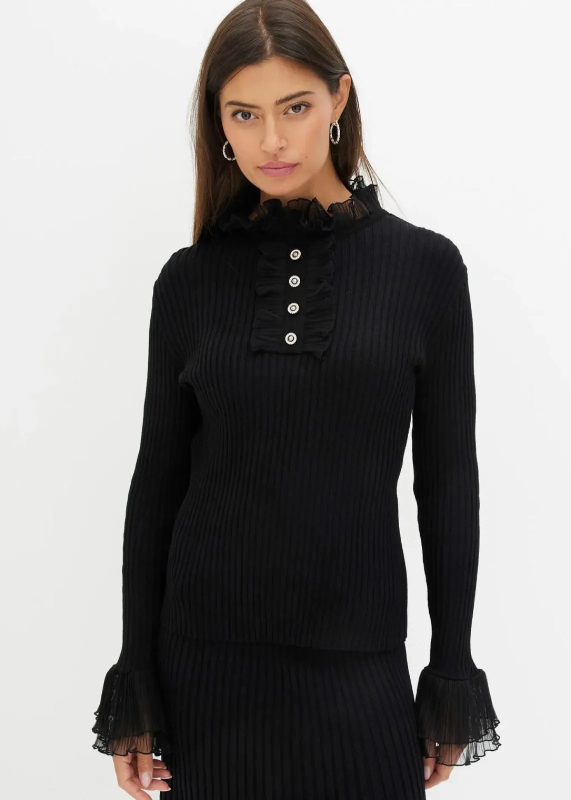 bonprix Nachhaltigere Materialien|Shirts & Tops^Feinstrick-Shirt mit Chiffon-Volants schwarz