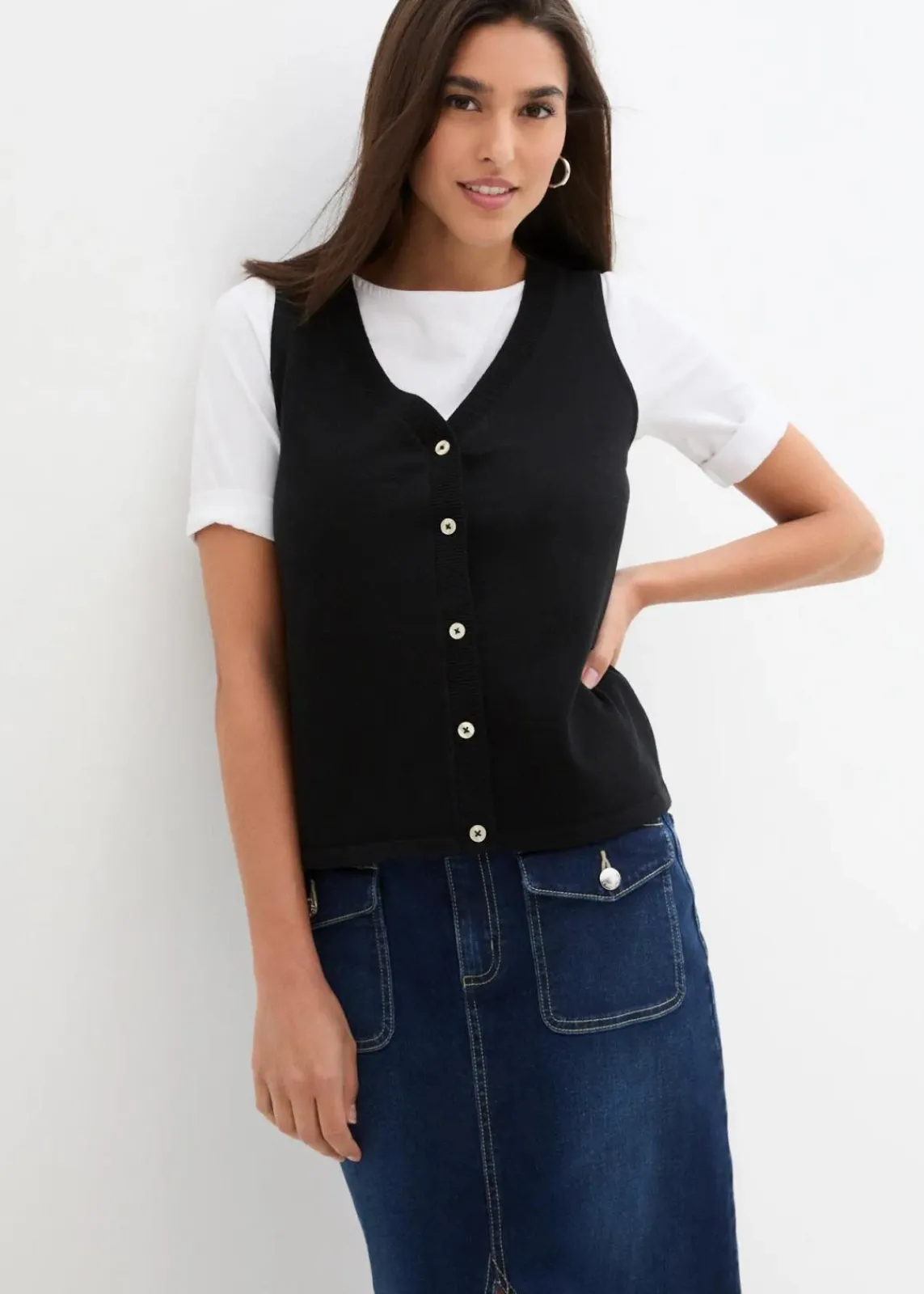bonprix Bekleidung·Umstandsmode|Bekleidung·Hosen^Feinstrick-Weste mit Knöpfen schwarz