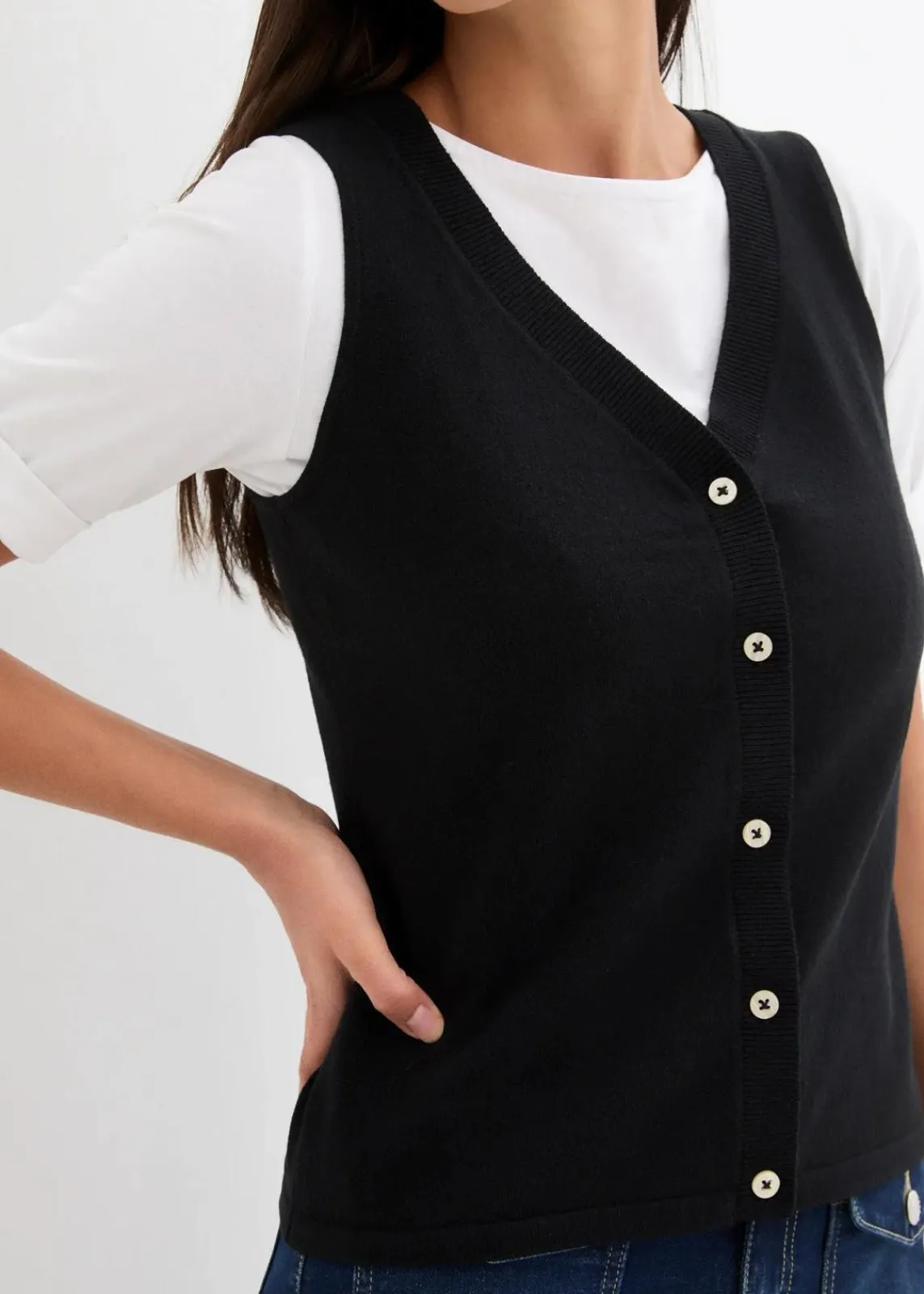 bonprix Bekleidung·Umstandsmode|Bekleidung·Hosen^Feinstrick-Weste mit Knöpfen schwarz