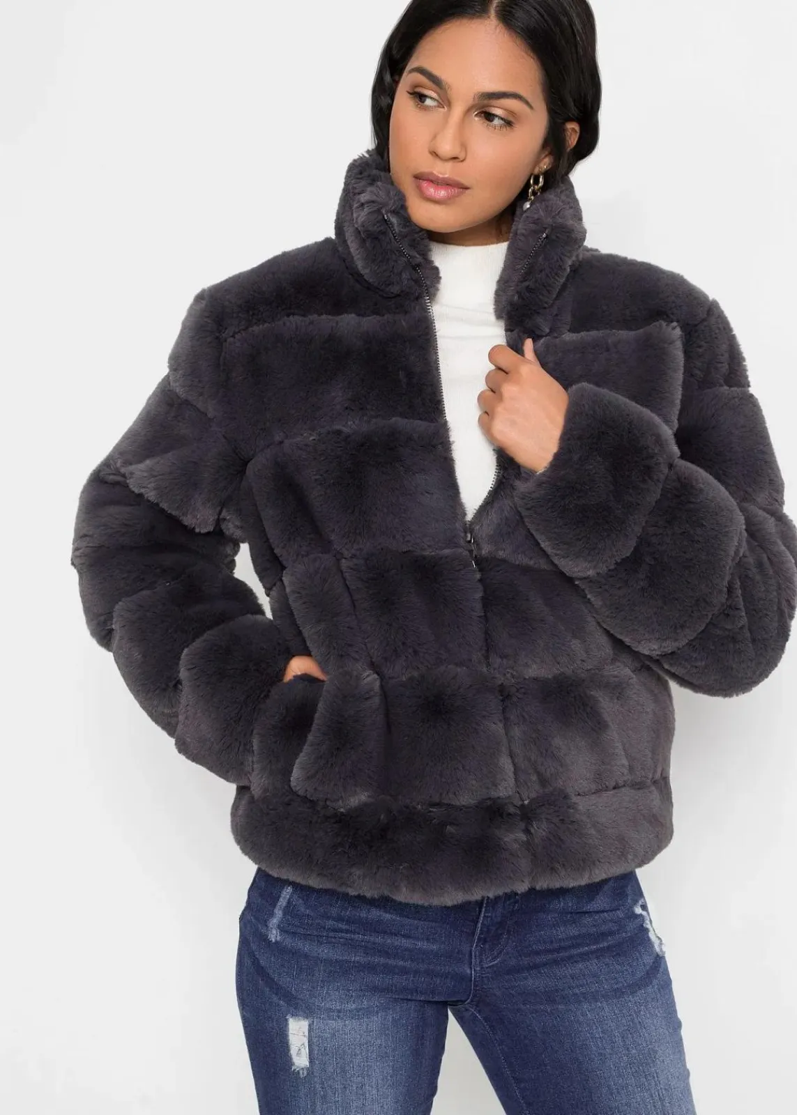 bonprix Jacken & Mäntel|Bekleidung·Hosen^Fellimitat-Jacke mit Reißverschluss anthrazit