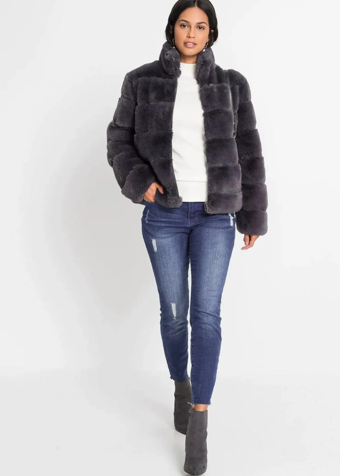 bonprix Jacken & Mäntel|Bekleidung·Hosen^Fellimitat-Jacke mit Reißverschluss anthrazit