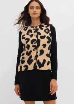 bonprix Bekleidung·Hosen|Bekleidung·Blusen & Tuniken^Fellimitat-Weste latte macchiato/schwarz leo bedruckt