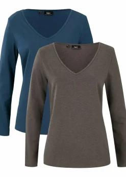 bonprix Shirts & Tops|Basics^Figurbetontes Langarmshirt (2er Pack) dunkelblau+anthrazit meliert