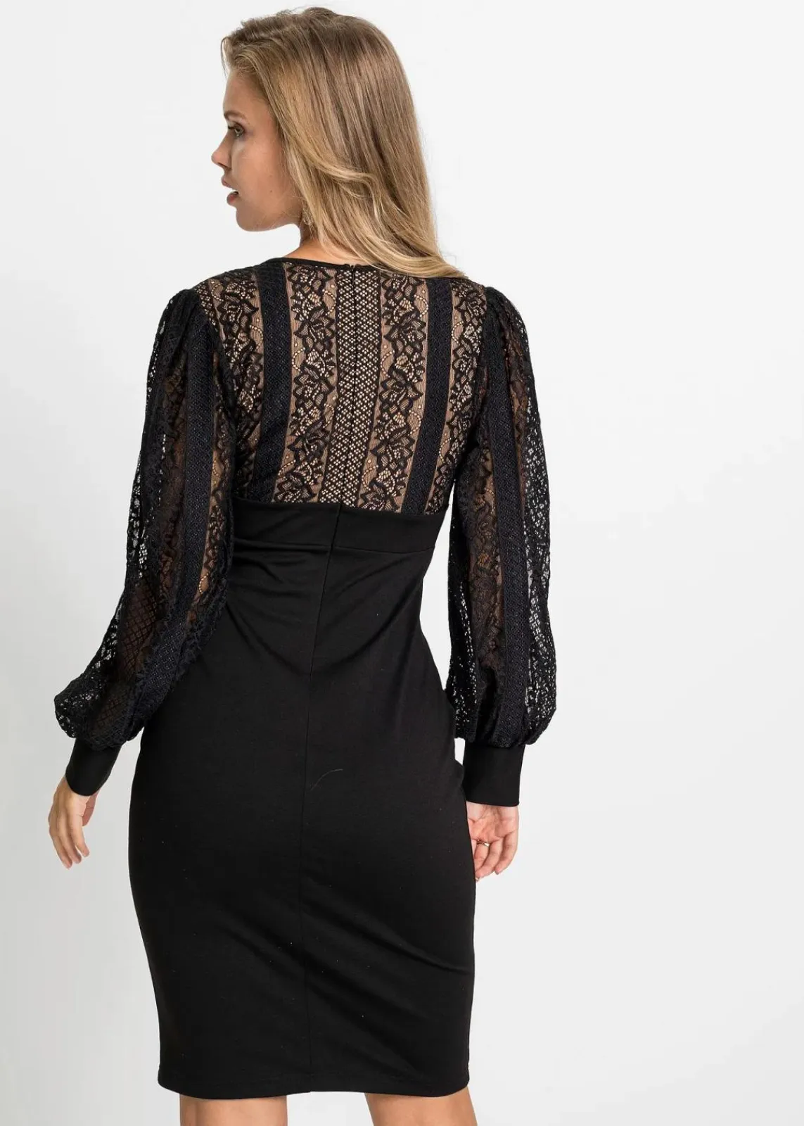 bonprix Bekleidung·Pullover & Strickjacken|Kleider^Figurbetontes Midikleid mit Spitze schwarz